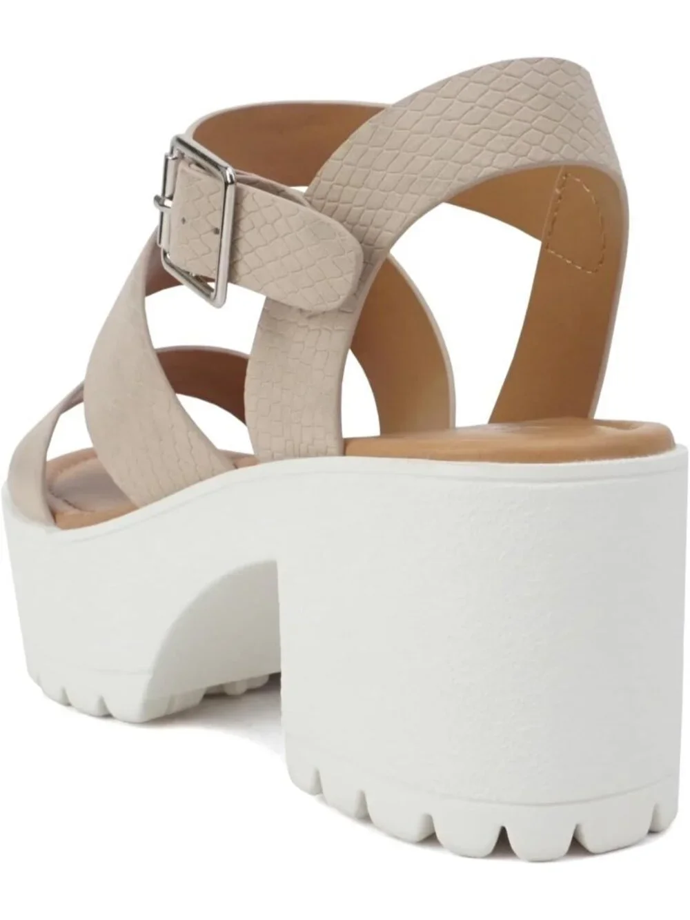 Women Nude Cobra Two Bands Lug Sole Open Toe Adjustable Block Heel Sandal Shoes